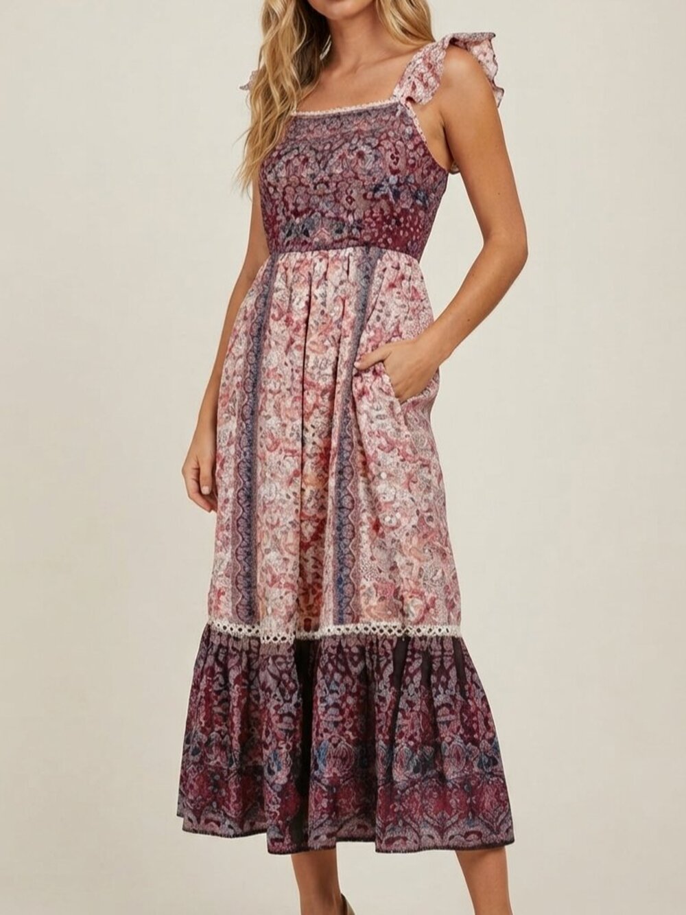Haute Hippie Mixed Print Paisley Tiered Midi Dress 14 40054
